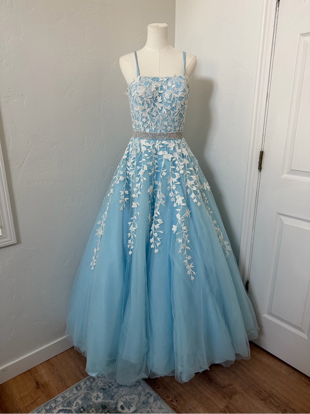 Sherri Hill Light Blue Ball Gown with White Floral Appliqué